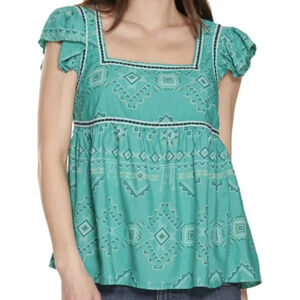 Wrangler Retro women's teal Aztec print square neck flutter sleeve top M 6-10